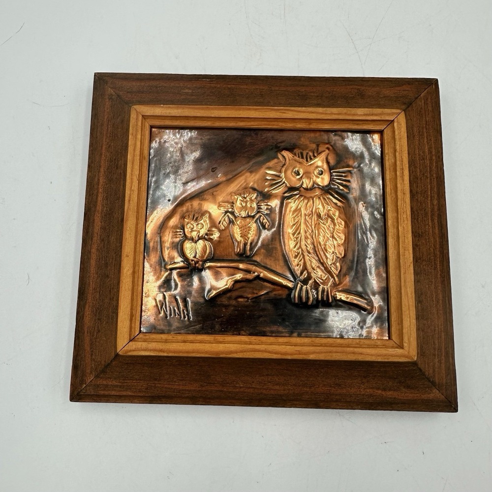 Maggie Winn Repoussé Copper Owl Wall Art Framed Wee Brush n Palette‎ 7x6 1970's